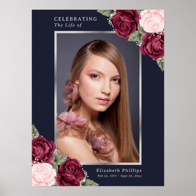 Blue Silver Foto Feier Lebensbeerdigung Sign Poster (Vorne)