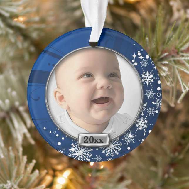 Blue/Silver Frame Baby's 1. Weihnachten Ornament (Baum)