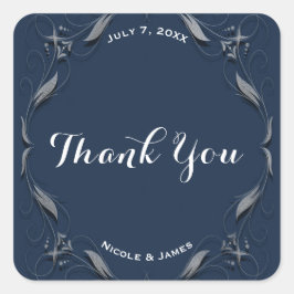 Blue & Silver Frame Elegante Wedding Gefallen Cust Quadratischer Aufkleber