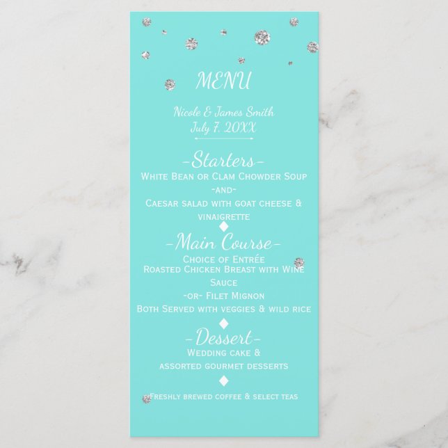 Blue & Silver Glam Imitats Glitzer Menu Card Menükarte (Vorderseite)