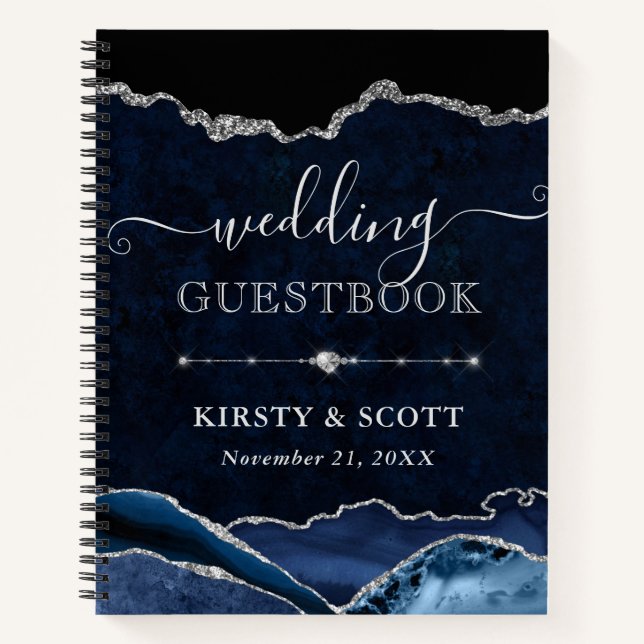 Blue & Silver Glitter Agate Wedding Guest Book Notizbuch (Vorderseite)