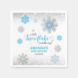 Blue Silver Glittery Snow Flake Winter Baby Shower Serviette