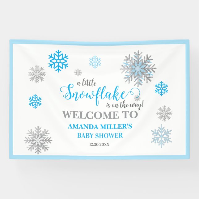 Blue Silver Glittery Snowflake Winter Baby Shower  Banner (Horizontal)