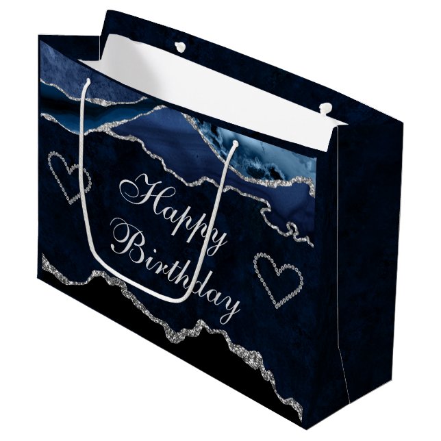 Blue & Silver Glitzer Agate Happy Birthday Große Geschenktüte (Vorderseite Schrägansicht)