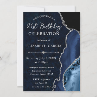 Blue & Silver Glitzer Agate Marmor Geburtstag Einladung