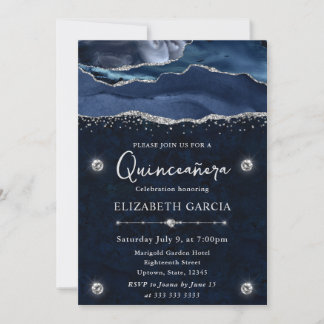 Blue & Silver Glitzer Agate Quinceanera Einladung