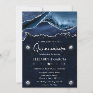 Blue & Silver Glitzer Agate Quinceanera Einladung