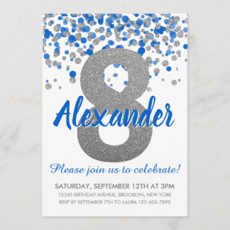 Blue Silver Glitzer Confetti Boy Achte Geburtstag Einladung