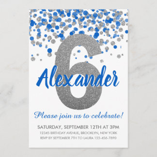 Blue Silver Glitzer Confetti Boy Sechster Geburtst Einladung