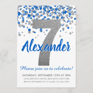 Blue Silver Glitzer Confetti Boy Siebter Geburtsta Einladung