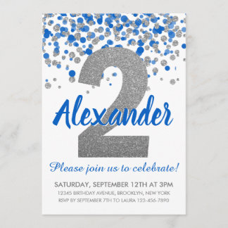 Blue Silver Glitzer Confetti Boy Zweiter Geburtsta Einladung