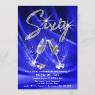 Blue & Silver Glitzer Glam Modern 60. Geburtstag Einladung