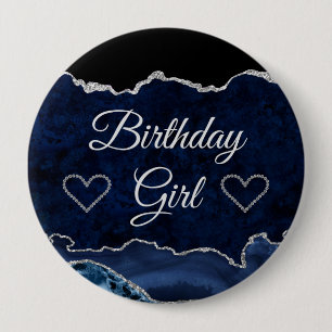 Blue & Silver Glitzer Marble Agate Birthday Girl Button