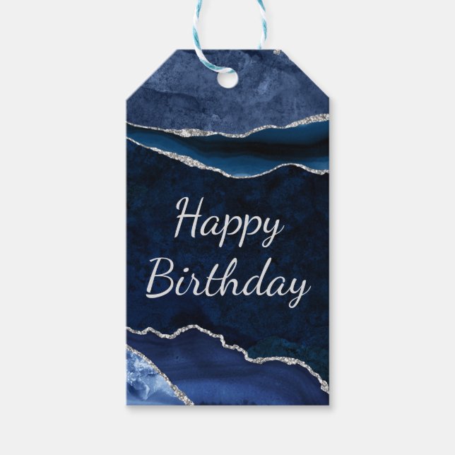 Blue & Silver Glitzer Marble Agate Geburtstag Geschenkanhänger (Vorderseite)