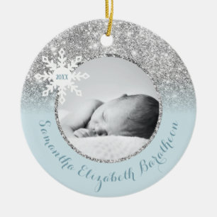 Blue Silver Glitzer Winter Personalisiert Baby Cer Keramik Ornament