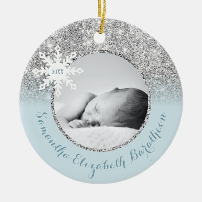 Blue Silver Glitzer Winter Personalisiert Baby Cer Keramik Ornament (Vorne)