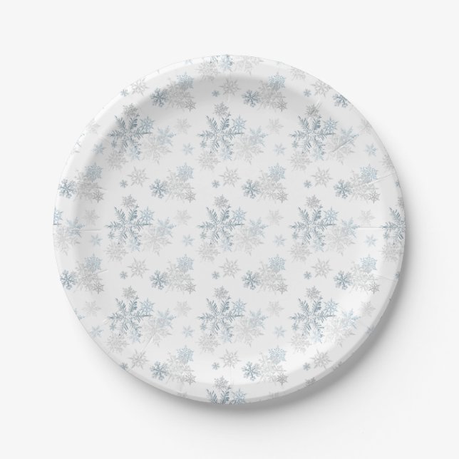 Blue Silver Grau Winter Wonderland Snowflake Pappteller (Vorderseite)