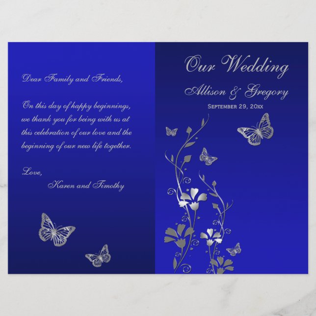 Blue, Silver Gray Butterfly Floral Wedding Program (Vorderseite)