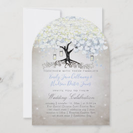 Blue & Silver Heart Leaf Tree Woodsy Boho Wedding Einladung