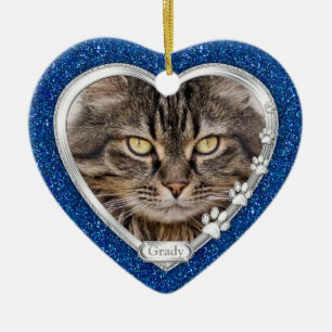 Blue Silver Heart Pet Cat Memorial Foto Weihnachte Keramikornament
