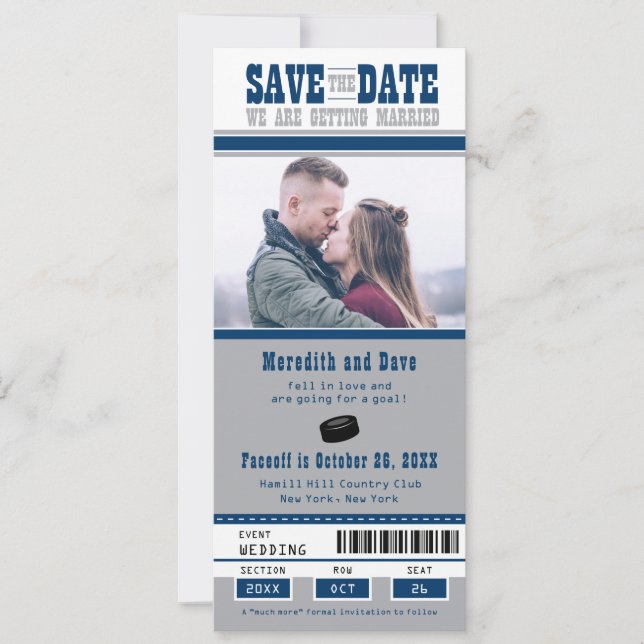 Blue Silver Hockey Ticket Hochzeit Sichern Sie das Save The Date (Vorderseite)