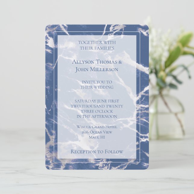 Blue Silver Marble Elegante Wedding Einladung (Stehend Vorderseite)
