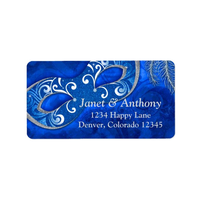 Blue Silver Masquerade Ball Wedding Address Label Adressaufkleber (Vorne)