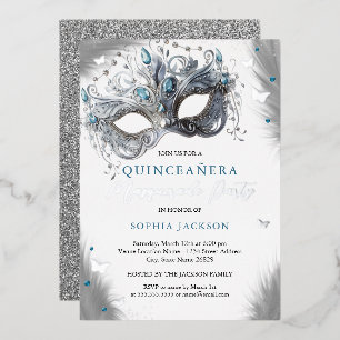 Blue Silver Masquerade Maske Butterfly Quinceanera Folieneinladung
