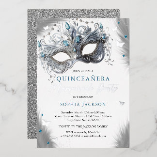Blue Silver Masquerade Maske Butterfly Quinceanera Folieneinladung