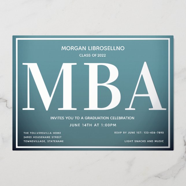 Blue Silver MBA Abschluss Folieneinladung (Vorderseite)