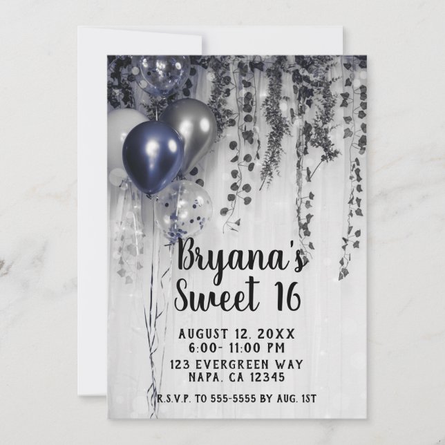 Blue Silver Metallic Balloons Ivy White Sweet 16 Einladung (Vorderseite)