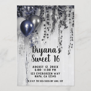 Blue Silver Metallic Balloons Ivy White Sweet 16 Einladung