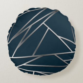 Blue Silver Modern Geometric Rundes Kissen