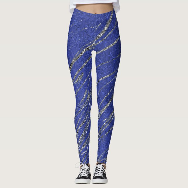 Blue & Silver Modern Glam Marble Stripe Party Menü Leggings (Vorderseite)