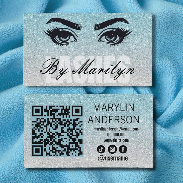 Blue Silver Ombre Glitzer Lash Techniker Qr Code Visitenkarte (Von Creator hochgeladen)
