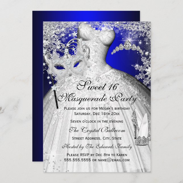 Blue & Silver Princess Masquerade Sweet 16 Einladu Einladung (Vorne/Hinten)