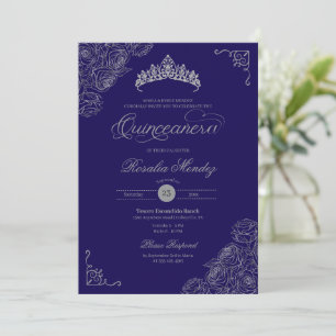 Blue & Silver Rose Elegante Quinceñera Einladung