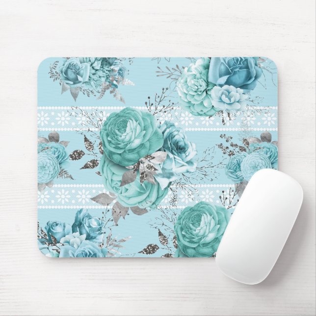 Blue Silver Rose Lace Mousepad (Mit Mouse)
