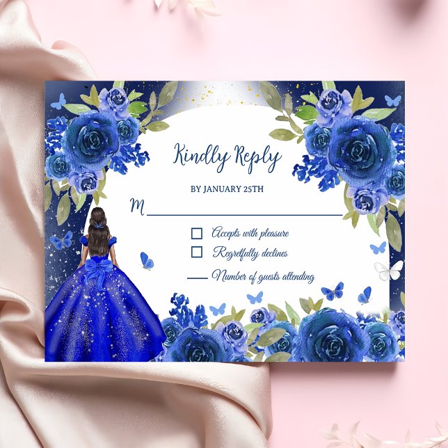 Blue Silver Rosen Quinceanera Geburtstag RSVP Karte (Von Creator hochgeladen)