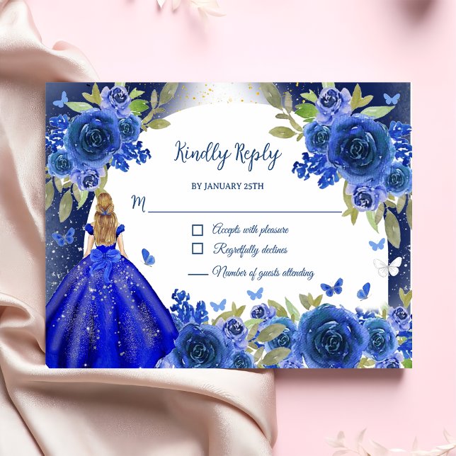 Blue Silver Rosen Quinceanera Geburtstag RSVP Karte (Von Creator hochgeladen)