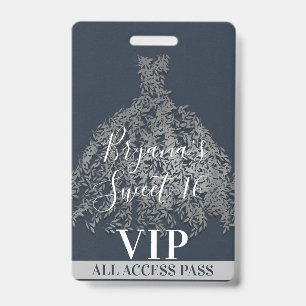Blue Silver Rustic Blätter Dress Sweet 16 VIP Pass Ausweis