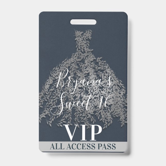 Blue Silver Rustic Blätter Dress Sweet 16 VIP Pass Ausweis (Vorderseite)