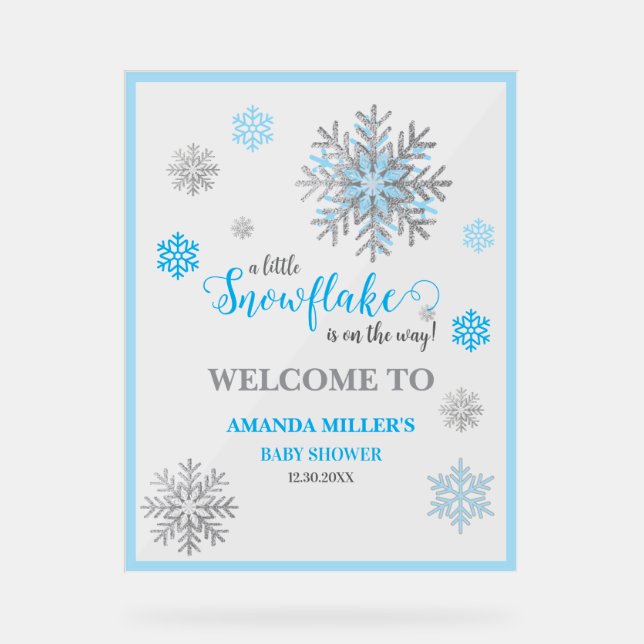 Blue Silver Snowflake Baby Shower Acrylic Sign  Acrylschild (Vorderseite)
