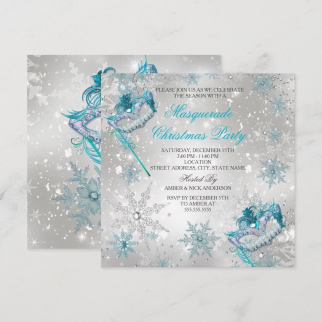 Blue Silver Snowflake Masquerade Weihnachtsfest Pa Einladung (Vorne/Hinten)
