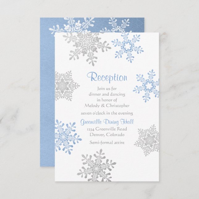 Blue Silver Snowflake Winter Wedding Empfang Begleitkarte (Vorne/Hinten)