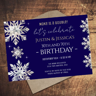 Blue Silver Snowflakes Double Birthday Party Einladung