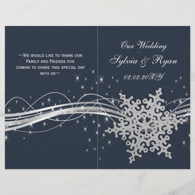 Blue Silver Snowflakes Hochzeitsprogramme gefaltet (Vorderseite)