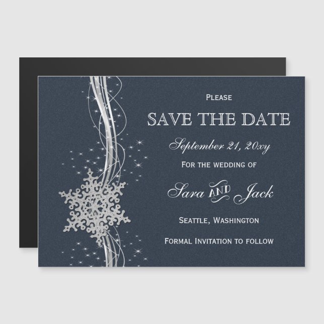 Blue Silver Snowflakes Winter Save the Date Magneteinladung (Vorne/Hinten)