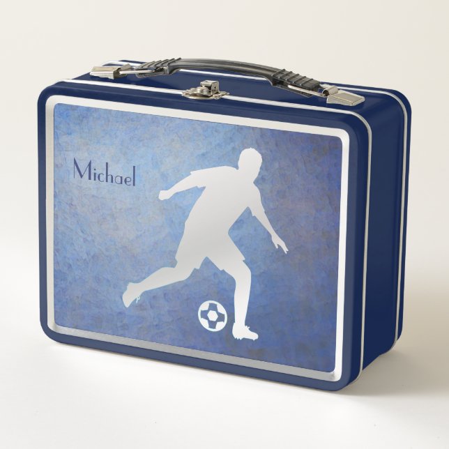 Blue Silver Soccer Player Metall Brotdose (Vorderseite)