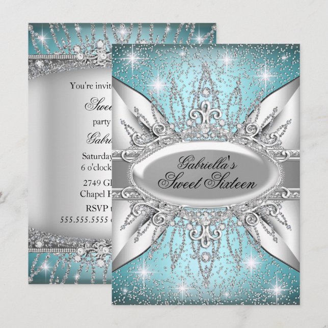 Blue & Silver Sparkle Diamond Sweet 16 Einladung (Vorne/Hinten)